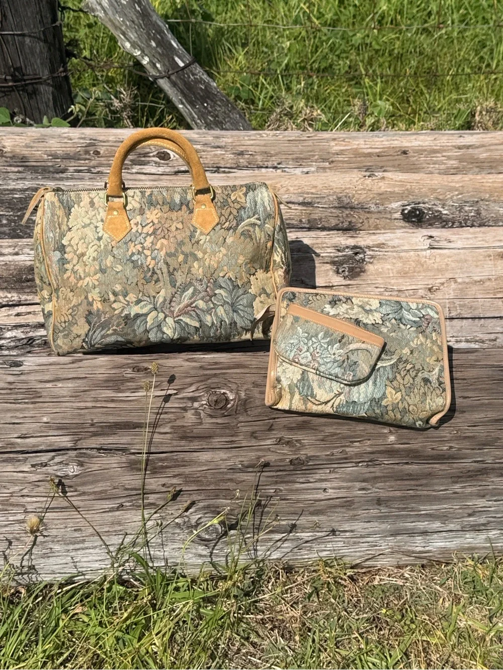 Vintage 80s French Luggage Co tapestry suede handbag purse bag set